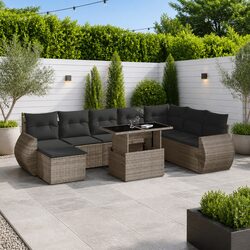 9 Piece Garden Sofa Set Specifications: Grey Poly Rattan