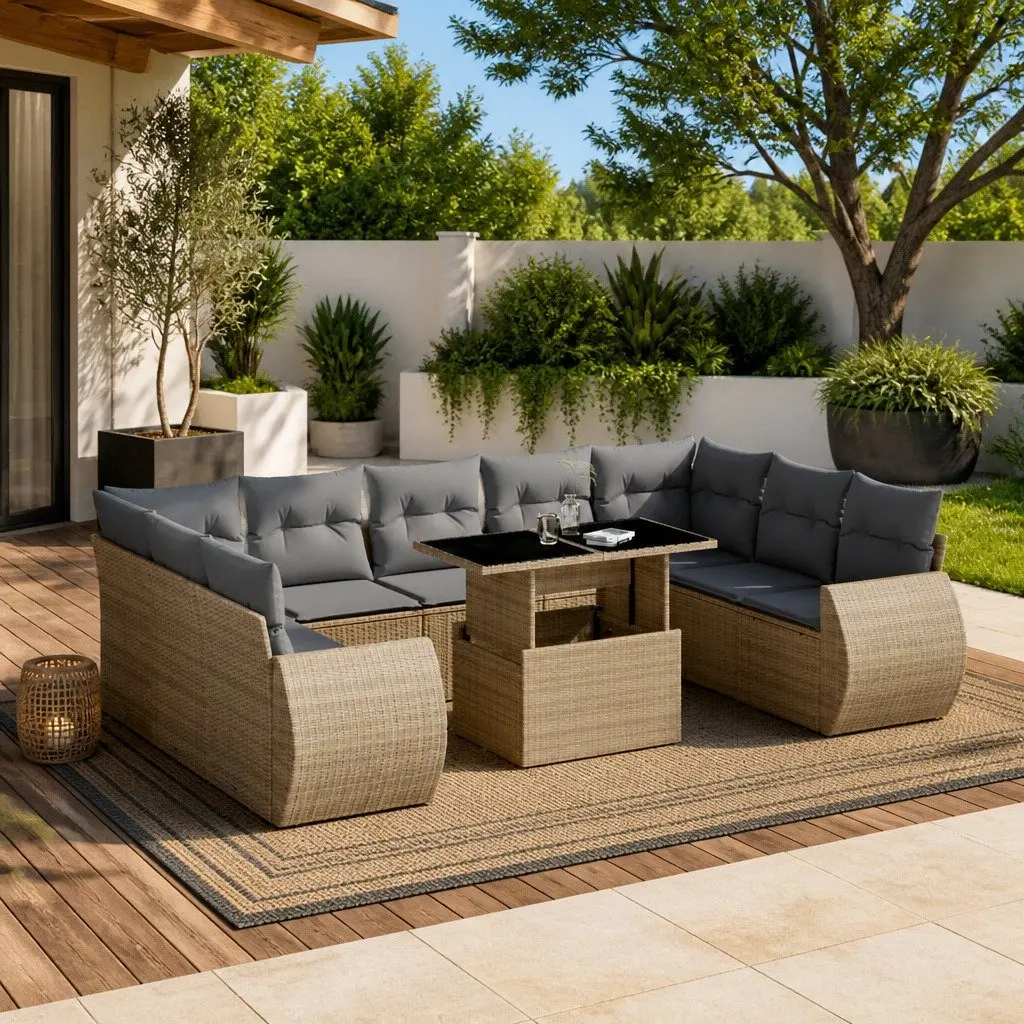 Garden Sofa Set 10 Piece Outdoor Furniture Beige Poly Rattan Patio Lounge
