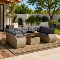 Garden Sofa Set 10 Piece Outdoor Furniture Beige Poly Rattan Patio Lounge with