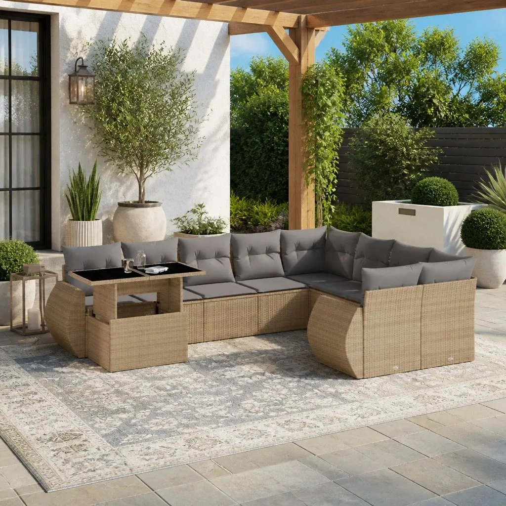 10-Piece Beige Garden Sofa Set with Adjustable Table