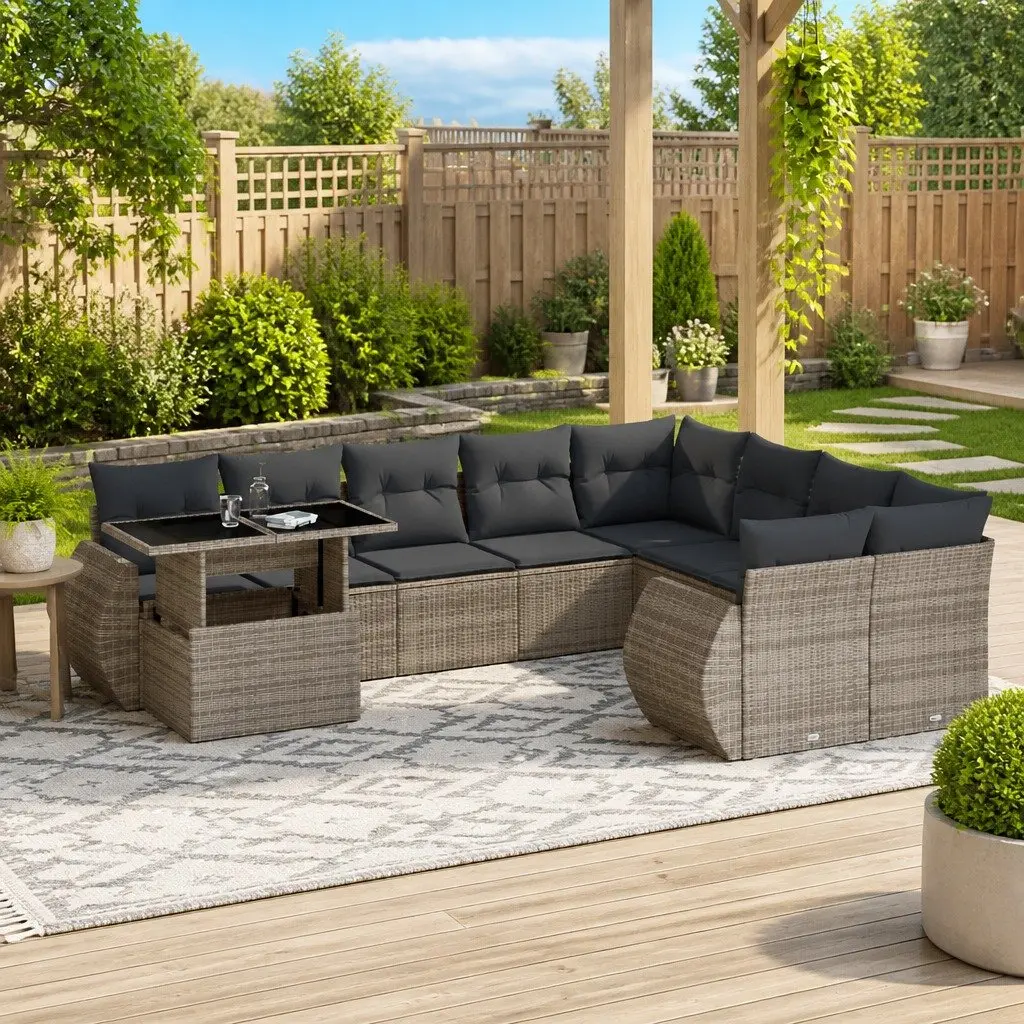 Outdoor Furniture Set 10 Piece Garden Sofa Poly Rattan with Grey Cushions for Patio Relaxation
