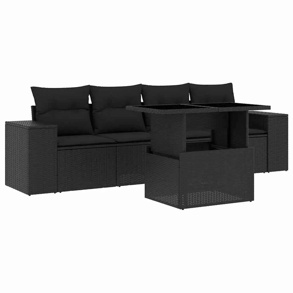 Outdoor Furniture Set 5 Piece Black Poly Rattan Sofa with Cushions and Adjustable Tabletop for Patio Terrace Garden