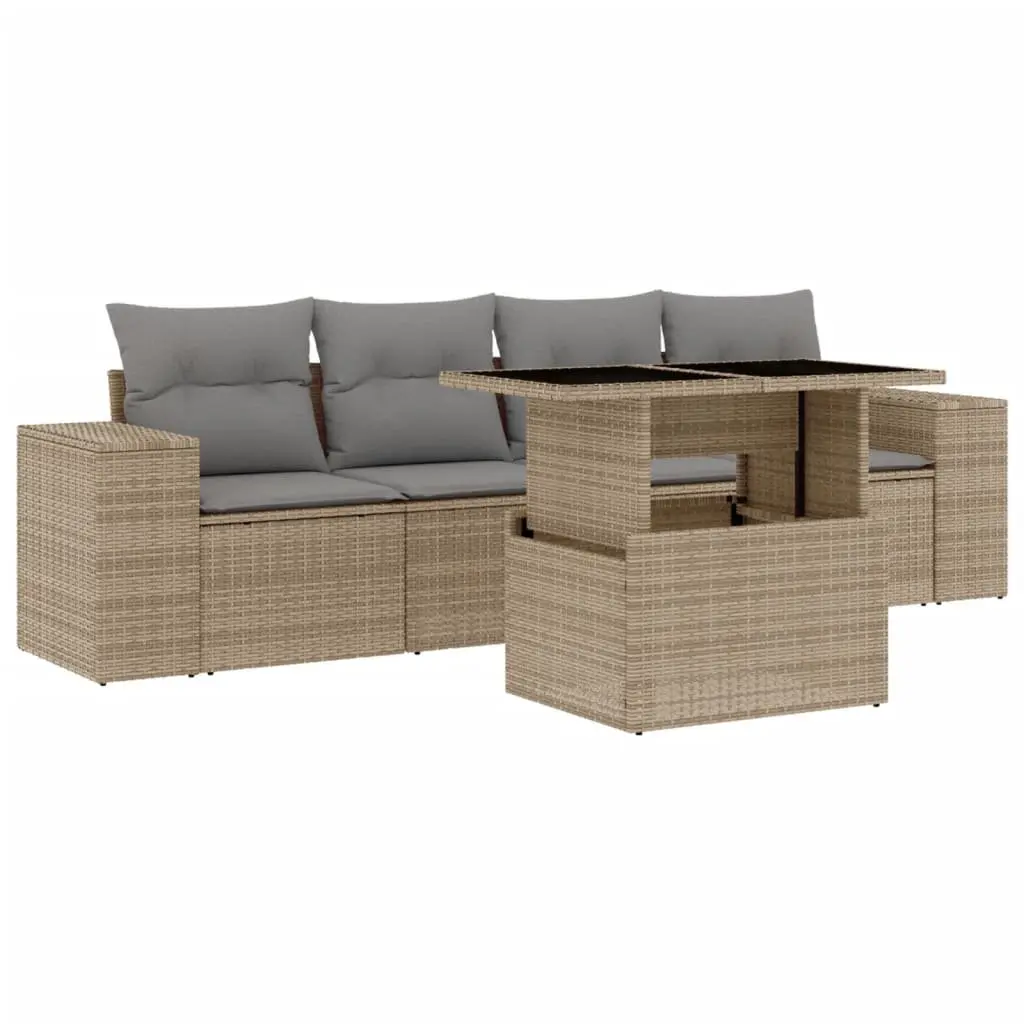 5 Piece Garden Sofa Set for Patio Outdoor Beige Poly Rattan with Cushions
