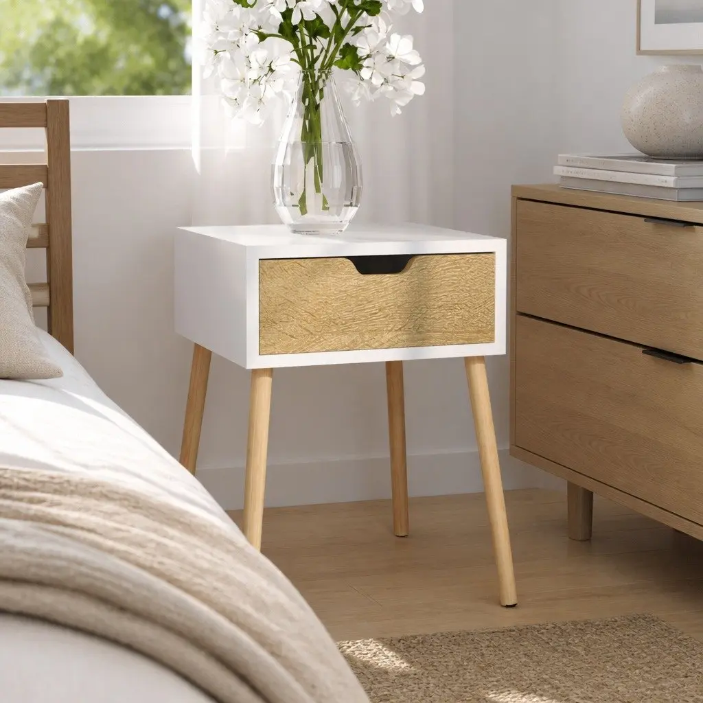 Bedside Cabinet White Sonoma Oak Engineered Wood Nightstand Storage Drawer