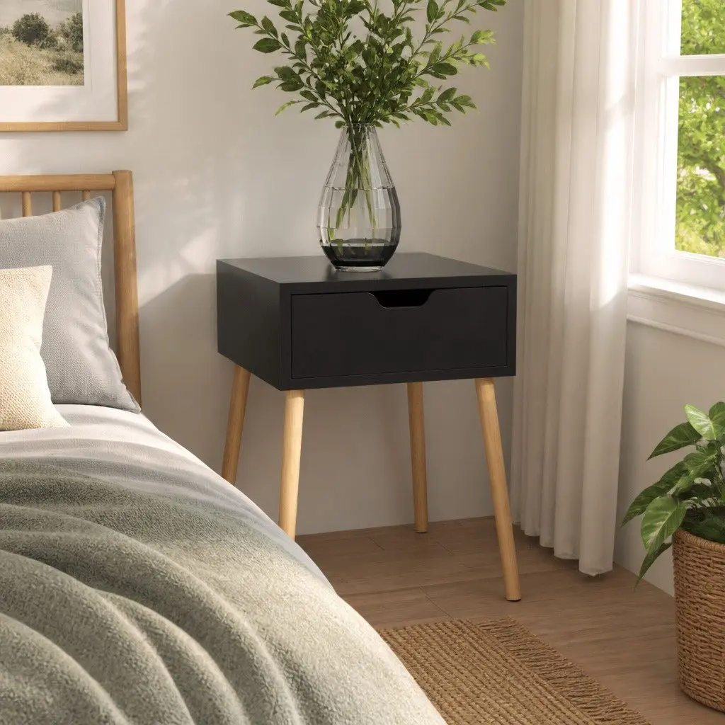 Bedside Table Black High Gloss Modern Engineered Wood 40x40x56cm