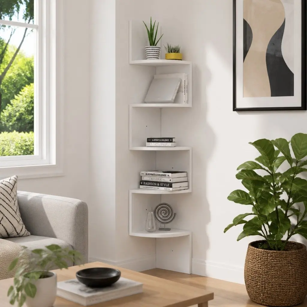 White Engineered Wood Wall Corner Shelf 19x19x123cm
