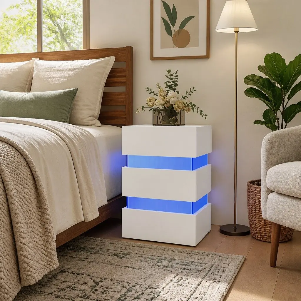 LED Bedside Cabinet White Engineered Wood Nightstand Storage Table with Light