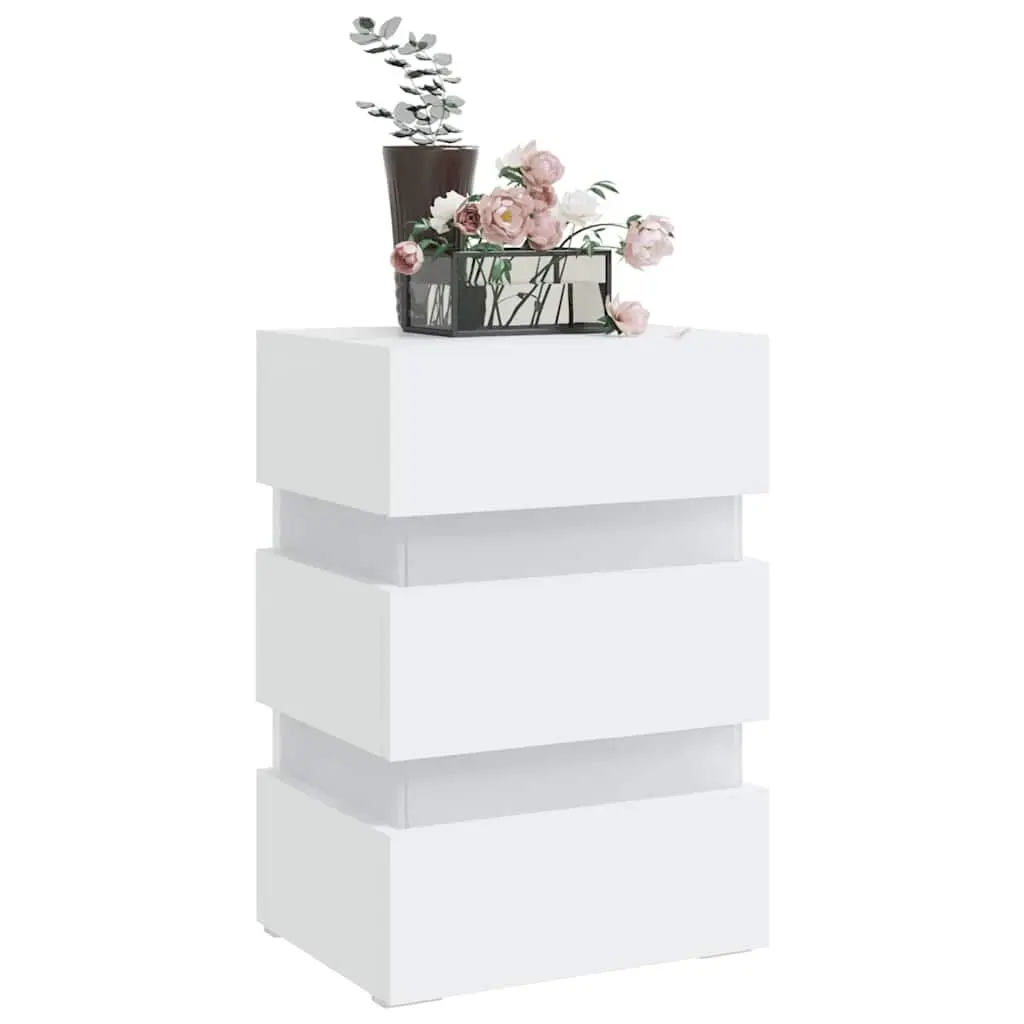 LED Bedside Cabinet White Engineered Wood Nightstand Storage Table with Light