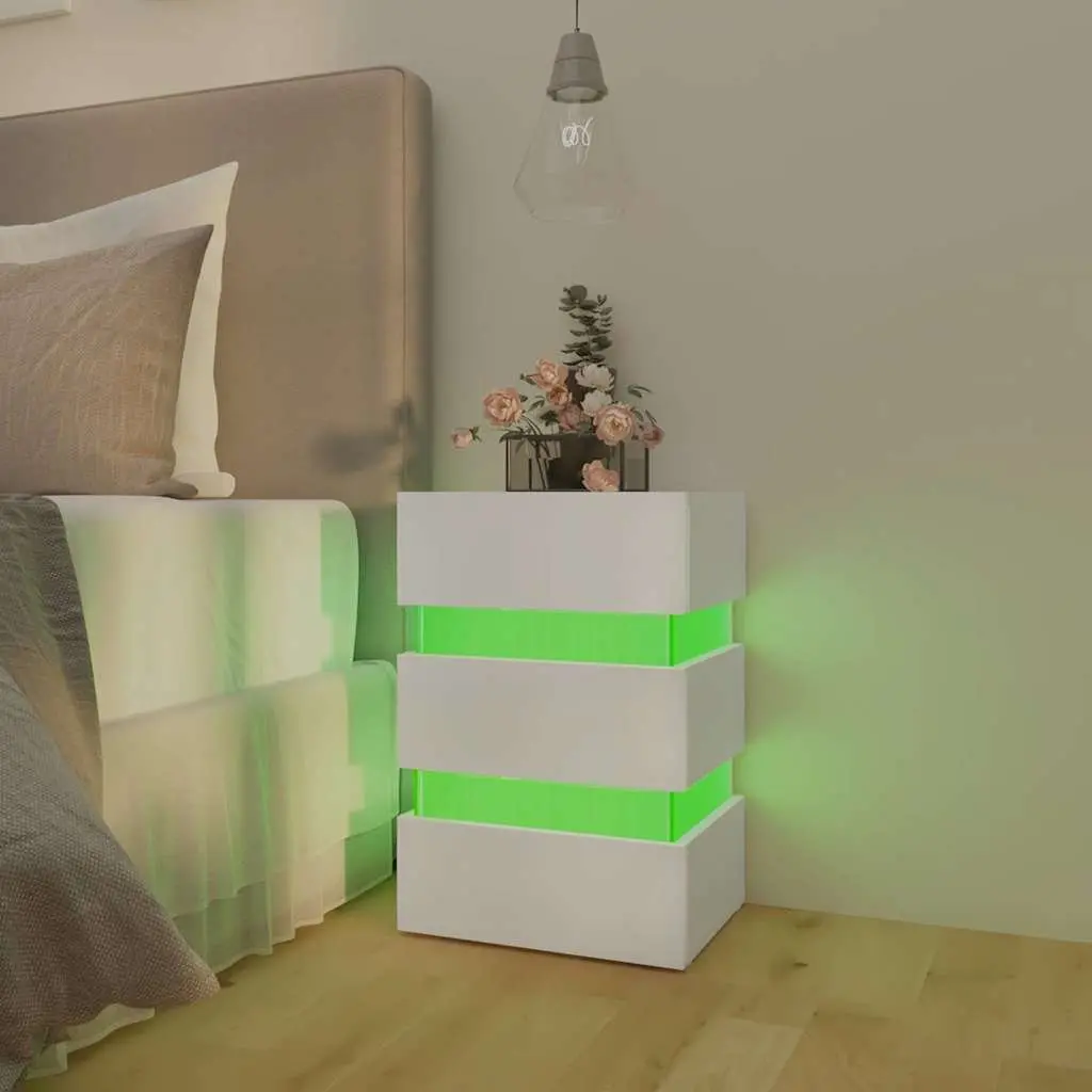 LED Bedside Cabinet White Engineered Wood Nightstand Storage Table with Light
