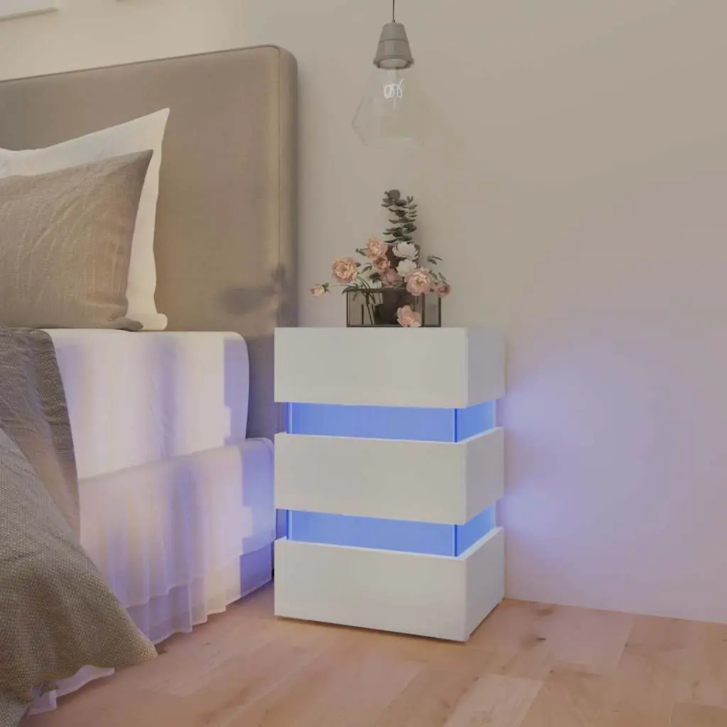 LED Bedside Cabinet White Engineered Wood Nightstand Storage Table with Light