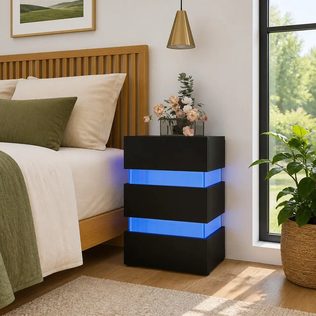 LED Nightstand Black Engineered Wood Storage 45x35x67cm with Integrated LED Light