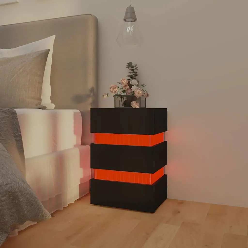 LED Nightstand Black Engineered Wood Storage 45x35x67cm with Integrated LED Light