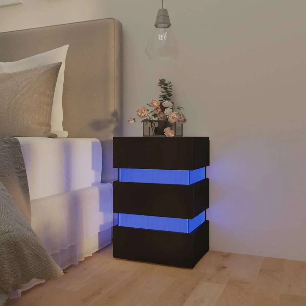 LED Nightstand Black Engineered Wood Storage 45x35x67cm with Integrated LED Light