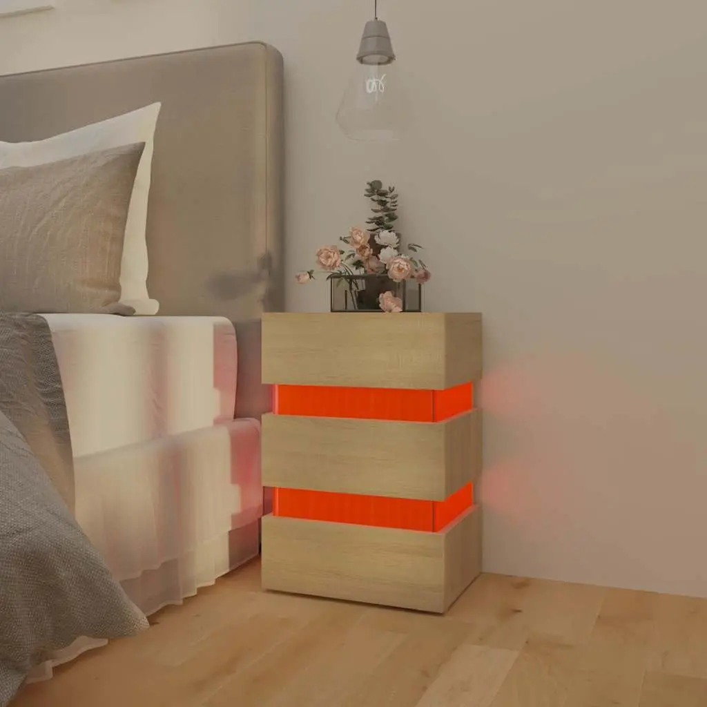 Bedside Table with LED Light Storage Cabinet Nightstand Engineered Wood Brown