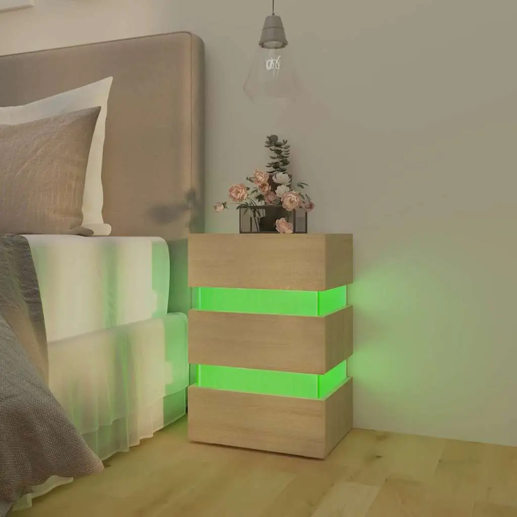 Bedside Table with LED Light Storage Cabinet Nightstand Engineered Wood Brown
