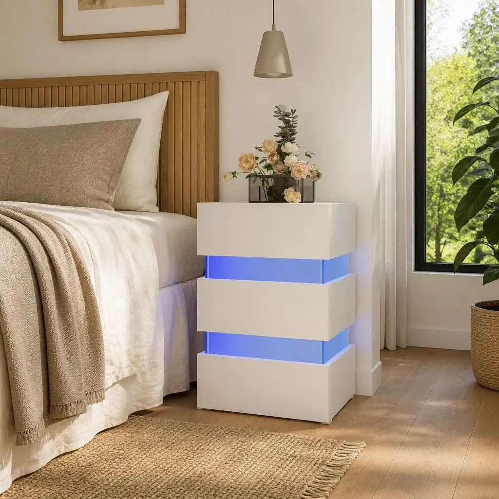 High Gloss White LED Bedside Cabinet