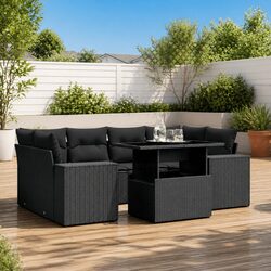 7 Piece Garden Sofa Set Outdoor Patio Furniture Black Poly Rattan with Cushions