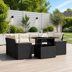 7 Piece Outdoor Garden Sofa Set Black Poly Rattan Patio Furniture with Cushions