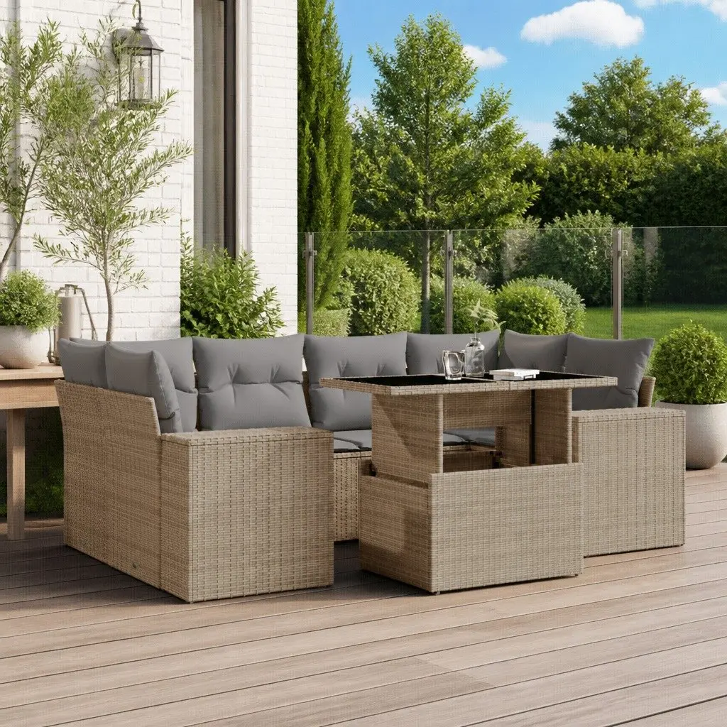 Garden Sofa Set 7 Piece Outdoor Furniture Beige Poly Rattan Patio Lounge