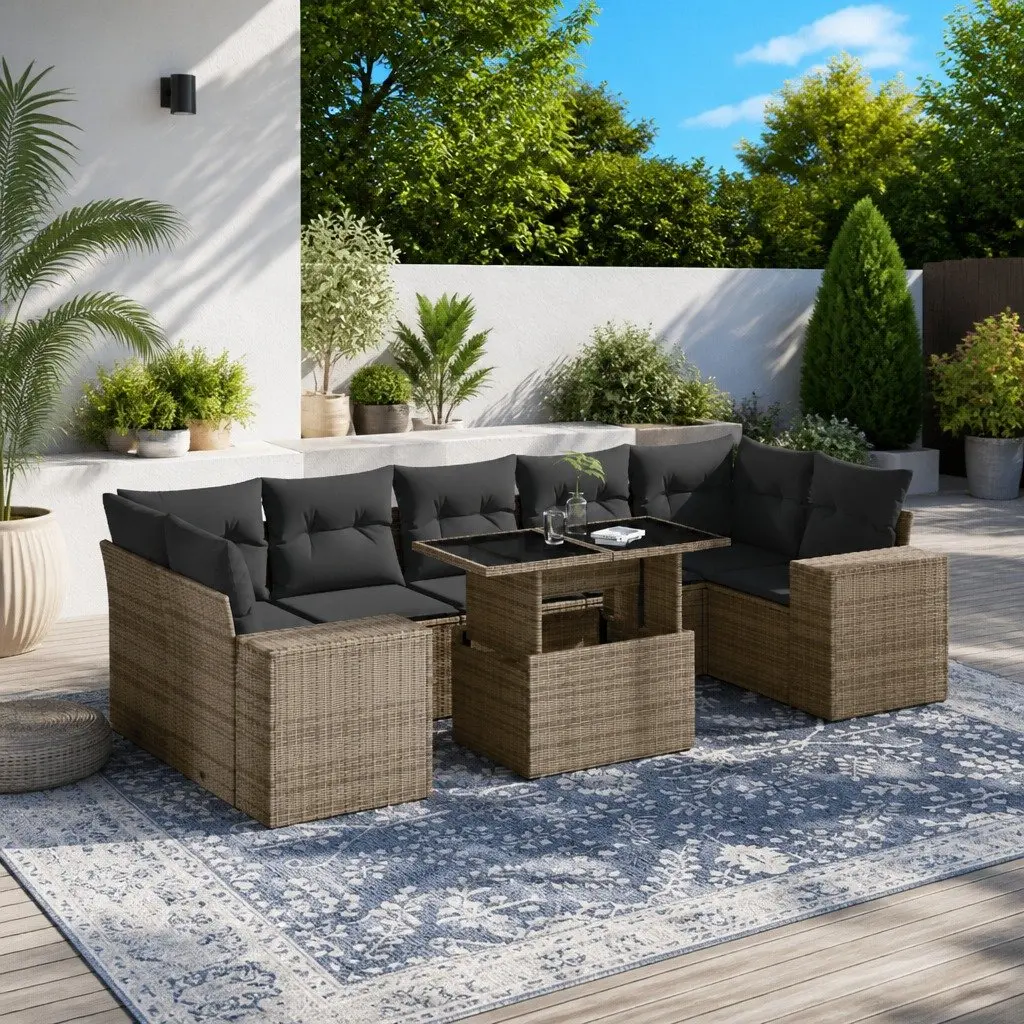 8 Piece Modular Sofa Set for Outdoor Patio Grey PE Rattan with Cushions