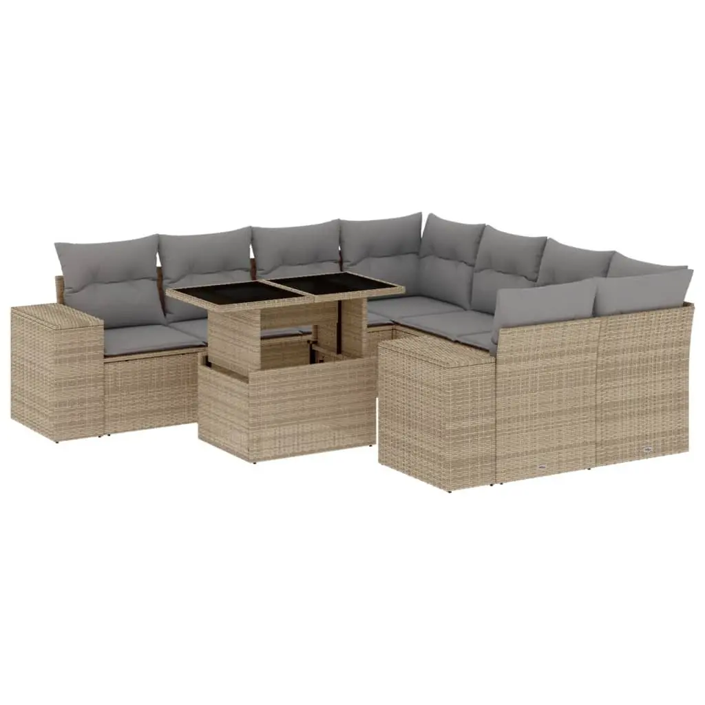 9 Piece Outdoor Garden Sofa Set Beige Poly Rattan Furniture with Cushions for Patio