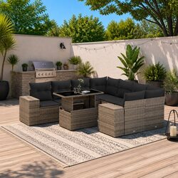 9 Piece Grey Garden Sofa Set with Cushions Modular Outdoor Furniture Patio