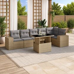 7 Piece Garden Sofa Set: Beige PE Rattan Furniture