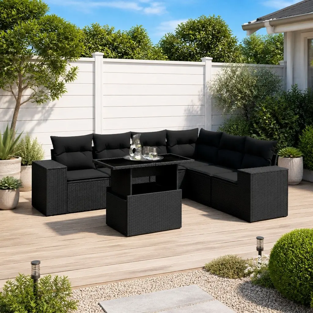 7 Piece Black Poly Rattan Sofa Set