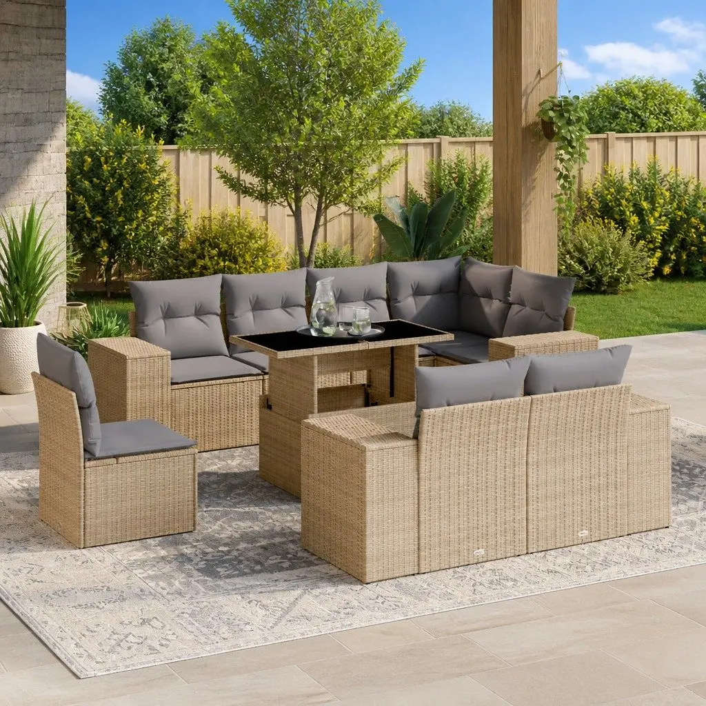 9 Piece Outdoor Modular Sofa Set Beige Poly Rattan Patio Lounge with Adjustable Tabletop and Cushions
