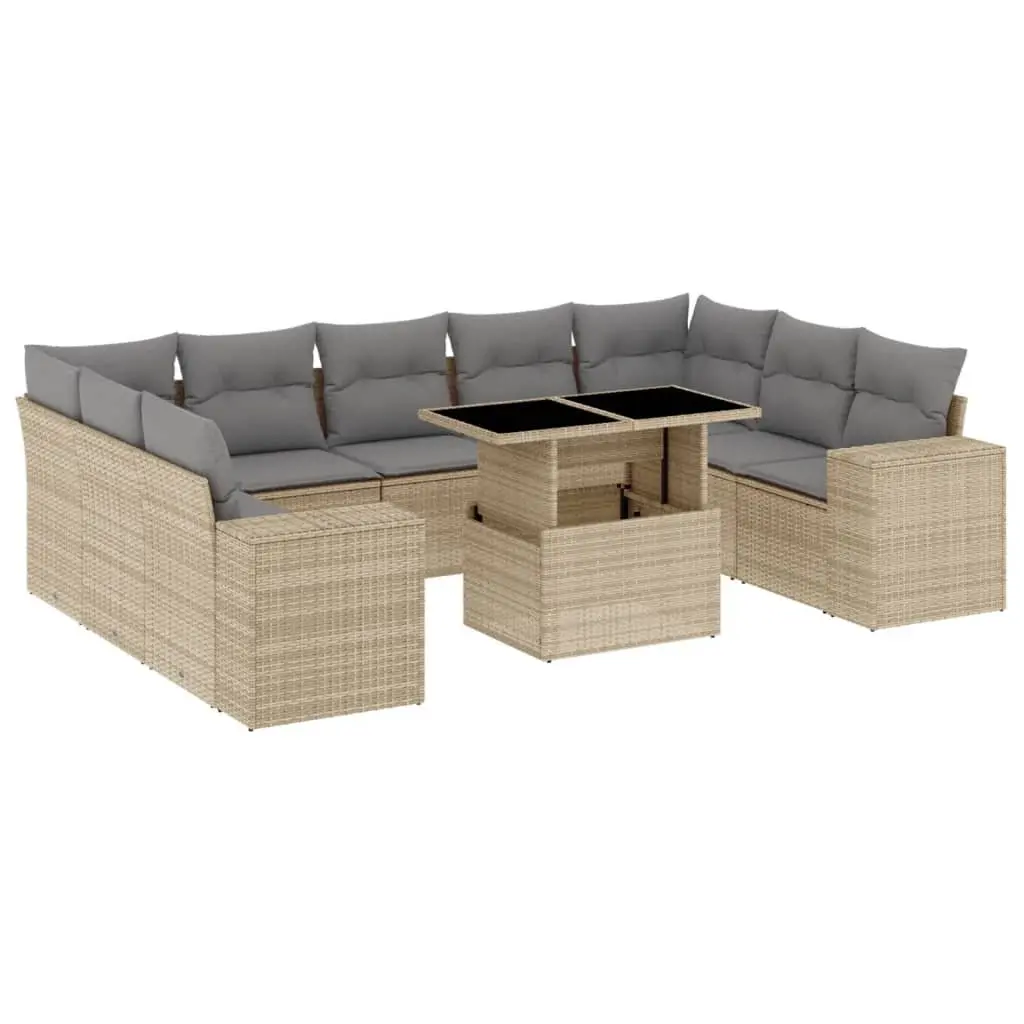 Outdoor Garden Sofa Set 10 Piece Beige Poly Rattan Patio Furniture with Cushions