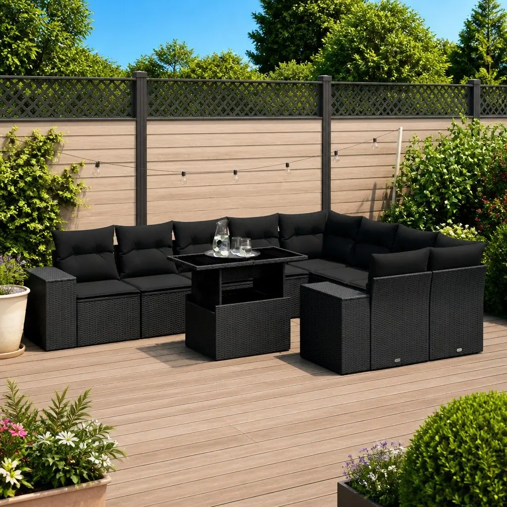 10 Piece Black Rattan Garden Sofa Set