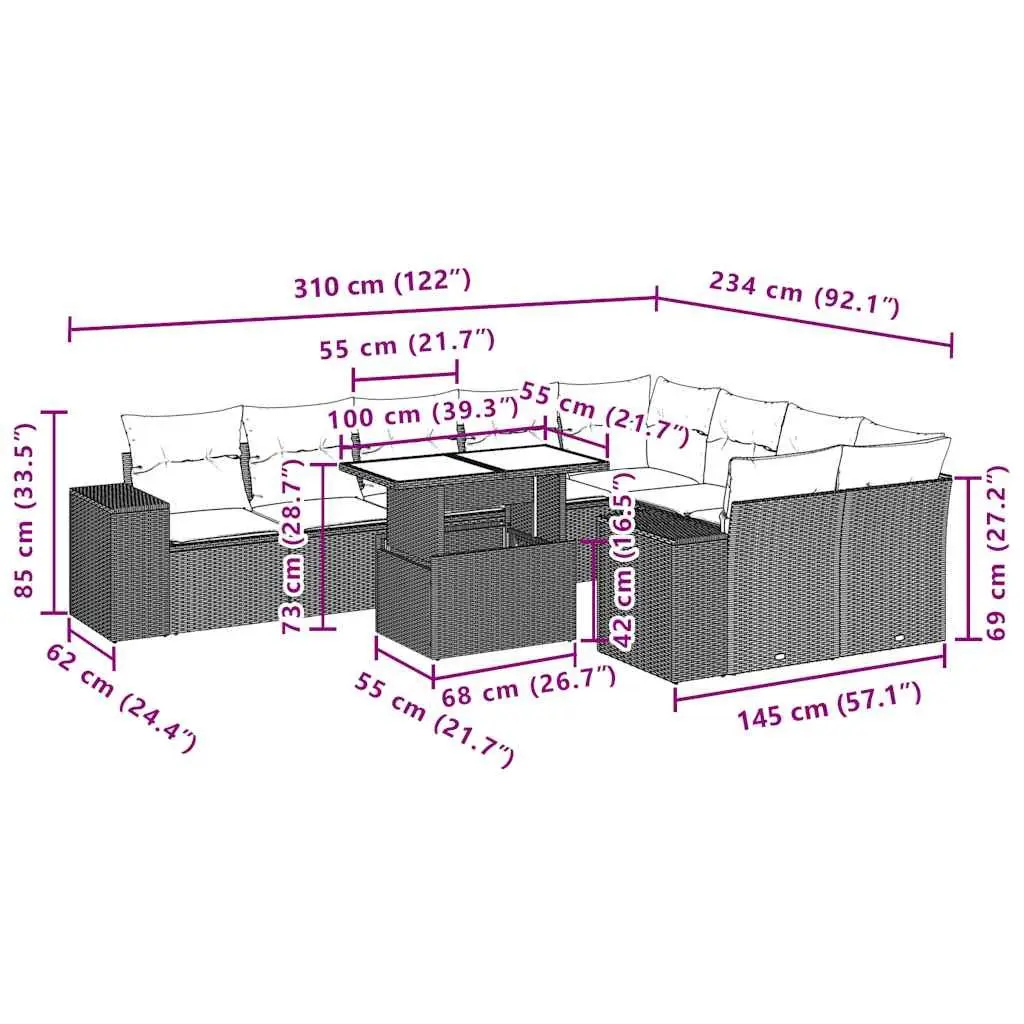 10 Piece Black Rattan Garden Sofa Set