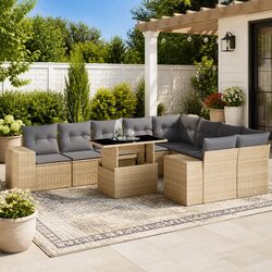 Outdoor Garden Sofa Set 10 Piece Beige Poly Rattan Patio Furniture with Cushions