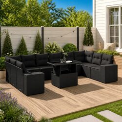 Garden Sofa Set 11 Piece Outdoor Furniture Black Poly Rattan Patio Lounge with