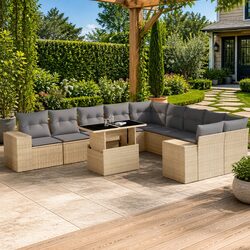 Garden Sofa Set: 11 Pieces, Beige PE Rattan, Adjustable Table