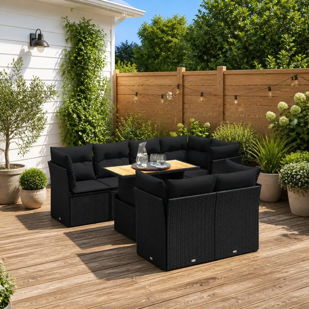 Garden Sofa Set Outdoor Furniture 8 Piece Patio Black Poly Rattan with Cushions