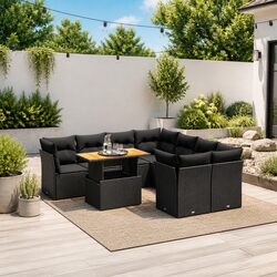 9 Piece Garden Sofa Set Outdoor Patio Furniture Black Poly Rattan with Cushions