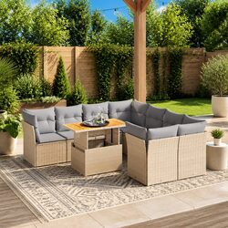 9 Piece Outdoor Garden Sofa Set Beige Poly Rattan Patio Furniture with Cushions