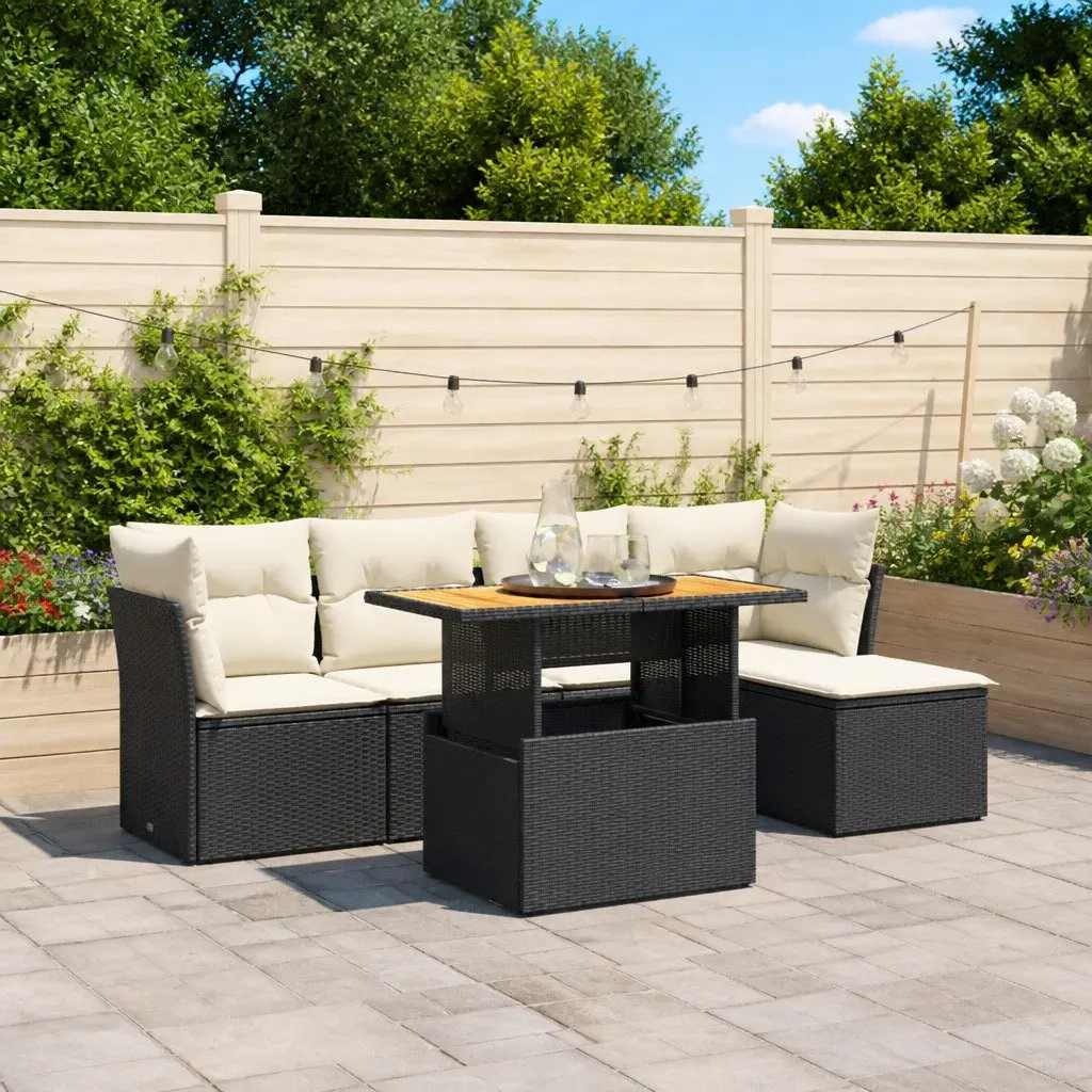 Garden Sofa Set Outdoor Furniture 6 Piece Patio Black Poly Rattan with Cushions