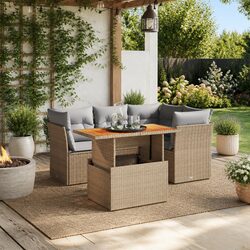 5 Piece Garden Sofa Set with Adjustable Table, Beige PE Rattan