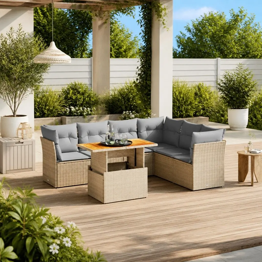 Garden Sofa Set Outdoor Furniture 7 Piece Beige Poly Rattan Patio Sectional