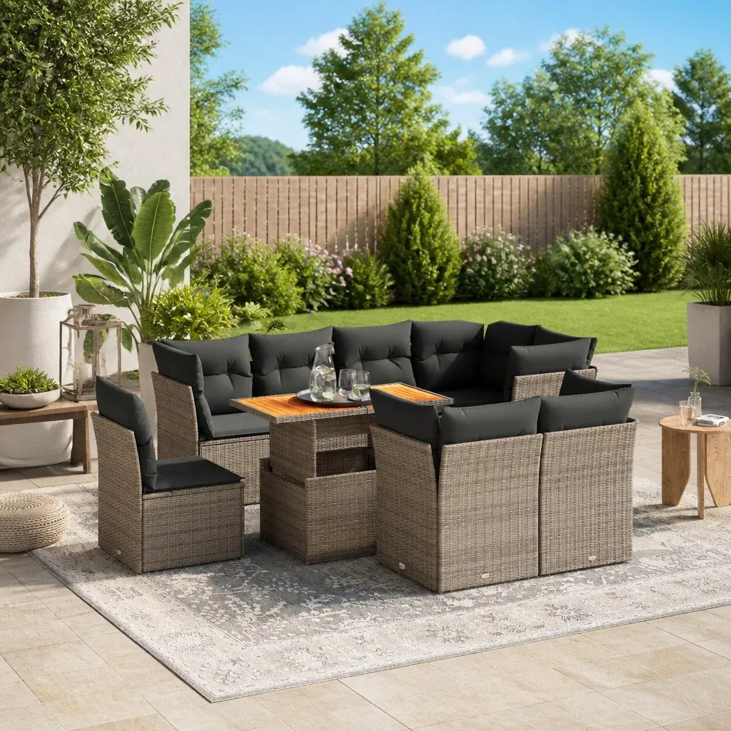 9 Piece Outdoor Patio Modular Sofa Set Grey PE Rattan with Cushions