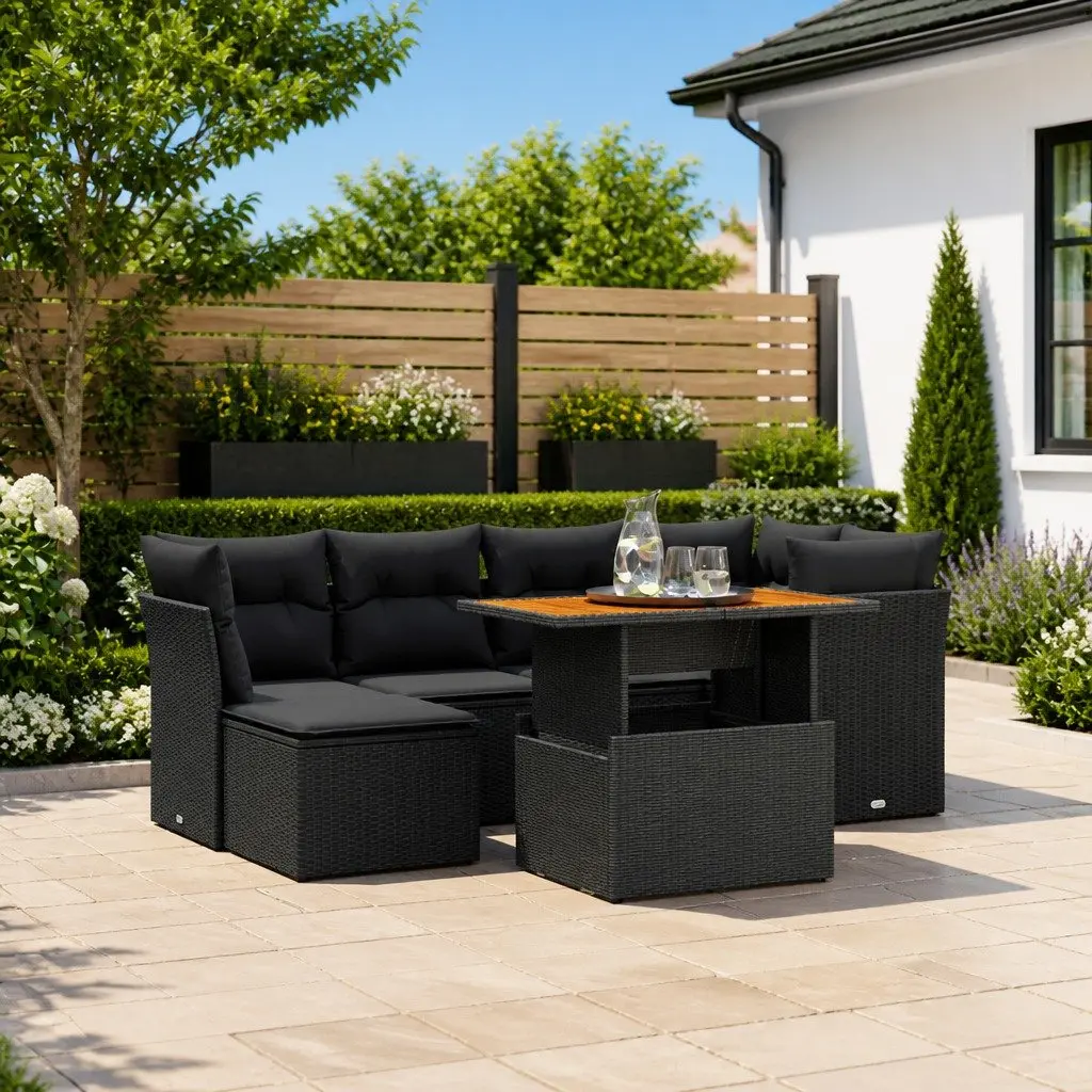 7 Piece Garden Sofa Set for Patio Outdoor Use Black Poly Rattan with Cushions