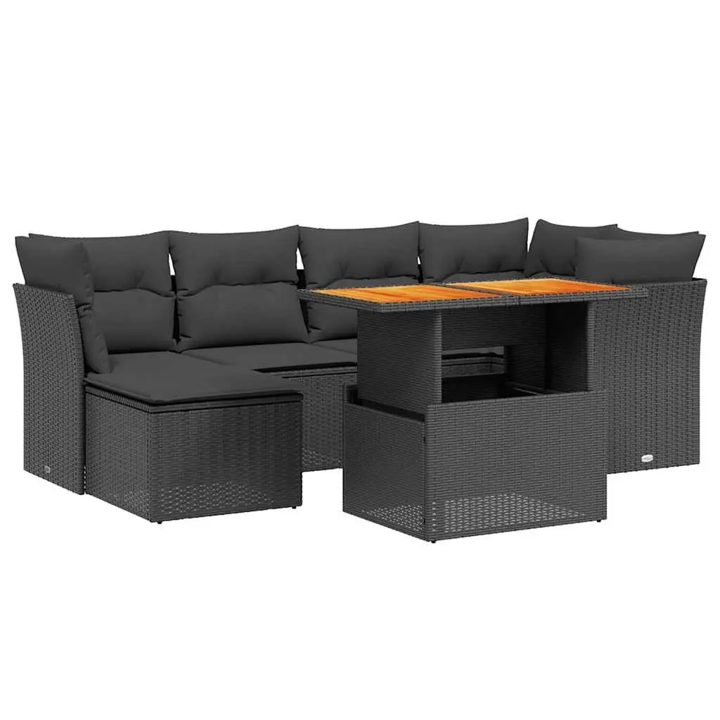 7 Piece Garden Sofa Set for Patio Outdoor Use Black Poly Rattan with Cushions