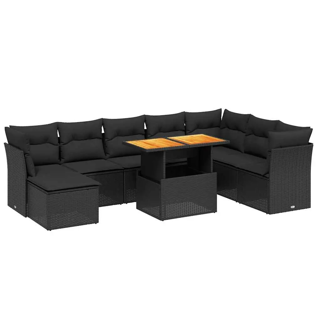 9 Piece Outdoor Garden Sofa Set for Patio Black Poly Rattan with Cushions