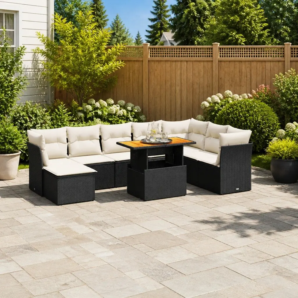 9 Piece Modular Outdoor Rattan Sofa Set Patio Lounge Furniture Black Poly for Garden