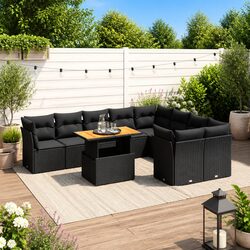 10 Piece Black Modular Garden Sofa Set with Cushions
