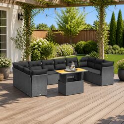 11 Piece Garden Sofa Set: Black PE Rattan, Cushions Included