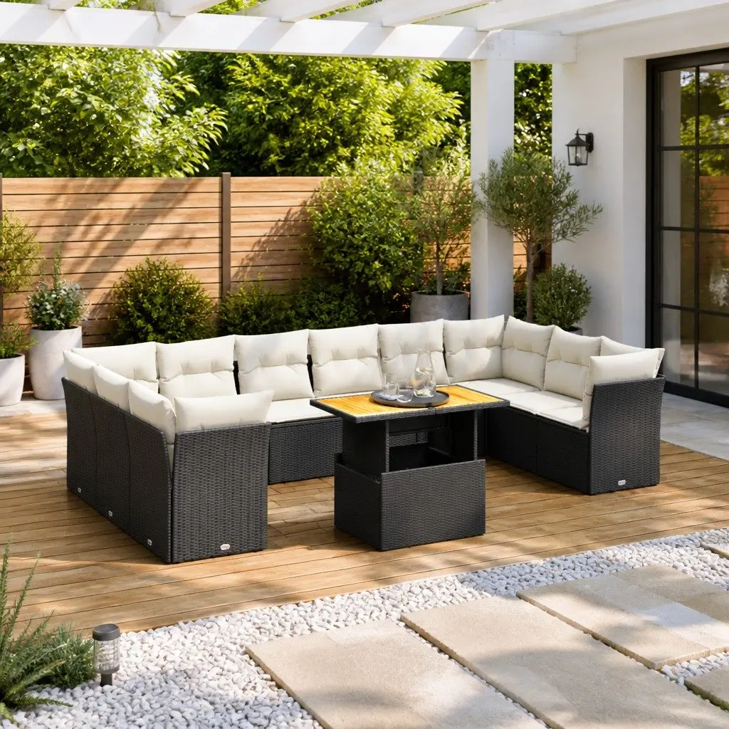 11 Piece Garden Sofa Set for Outdoor Patio Black Poly Rattan with Cushions