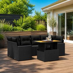 7-Piece Black Poly Rattan Sofa Set with Adjustable Table